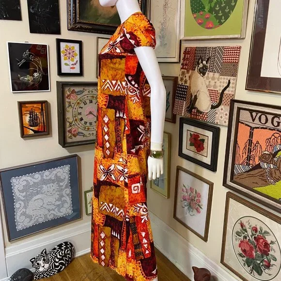 70s Vintage Kini Pela Hawaii Brown Orange Yellow Barkcloth Short Sleeve MuuMuu S - Picture 2 of 7